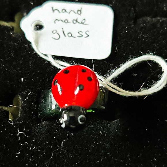 HANDBLOWN GLASS RING, LADIES SIZE 7, RED LADYBUG, BLACK AND WHITE HEAD, BLACK - Picture 1 of 4